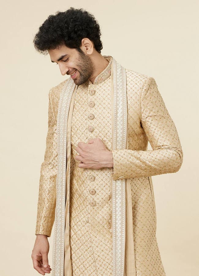 Antique Gold Stone Work Sherwani Set