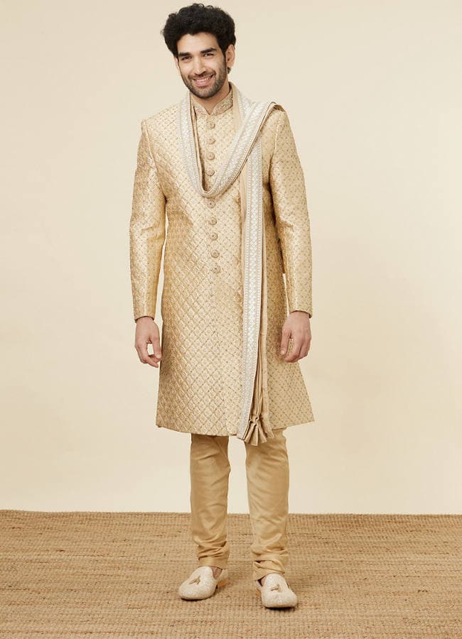 Antique Gold Stone Work Sherwani Set
