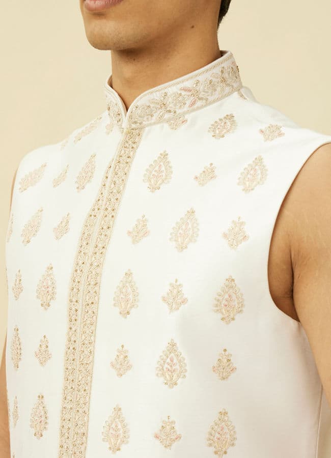 Off White Shankh Motif Open Sherwani Set