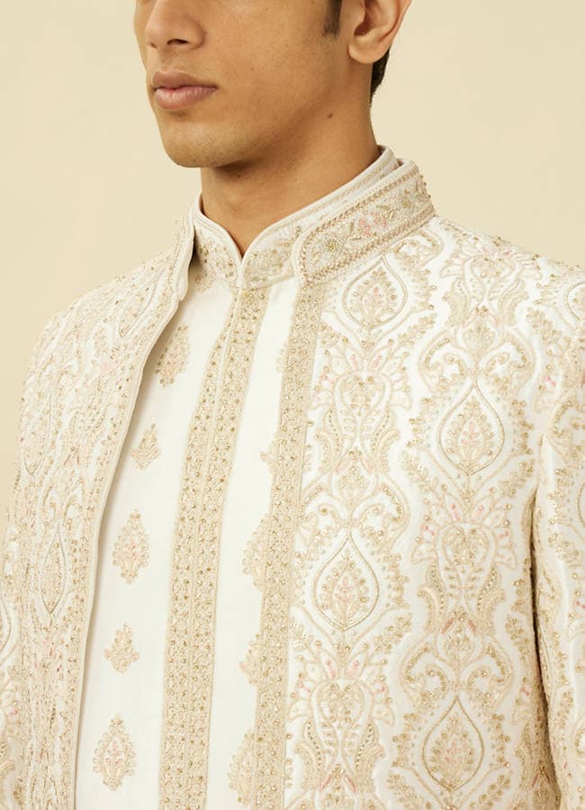 Off White Shankh Motif Open Sherwani Set