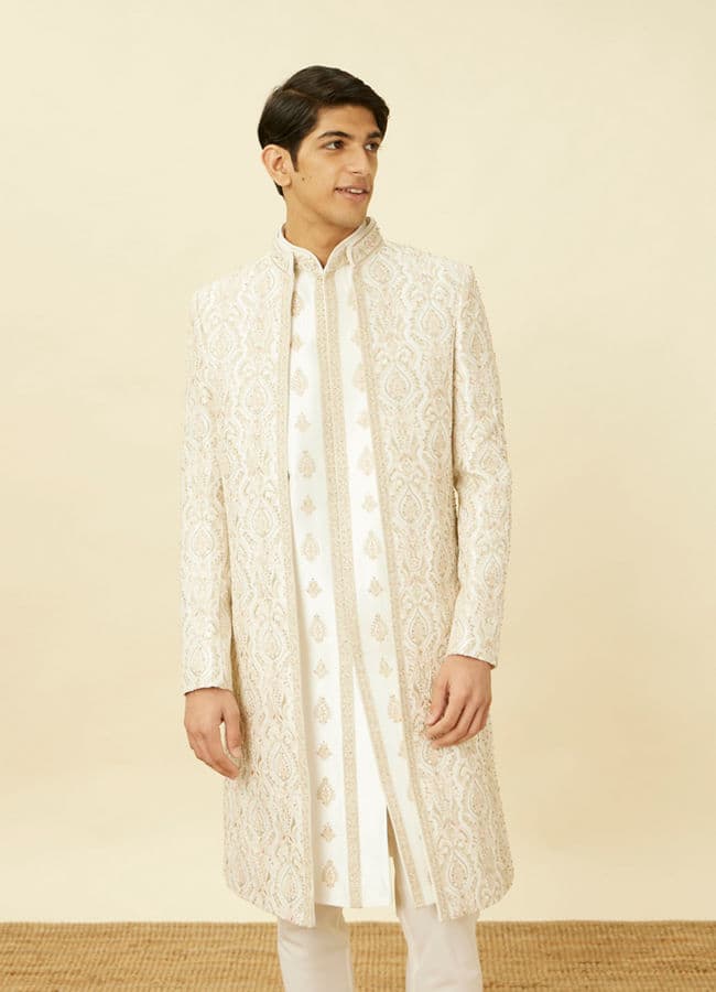Off White Shankh Motif Open Sherwani Set
