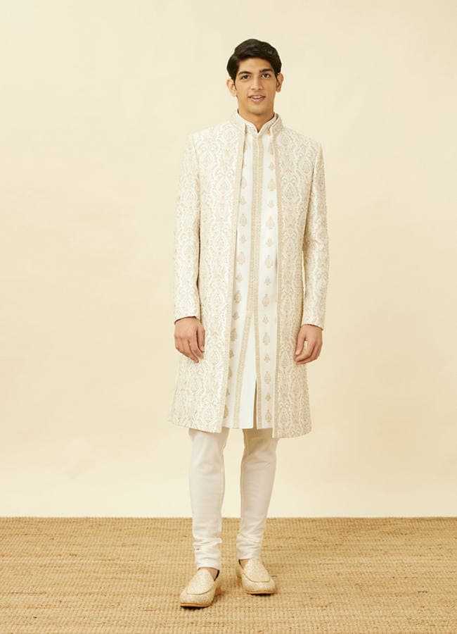 Off White Shankh Motif Open Sherwani Set