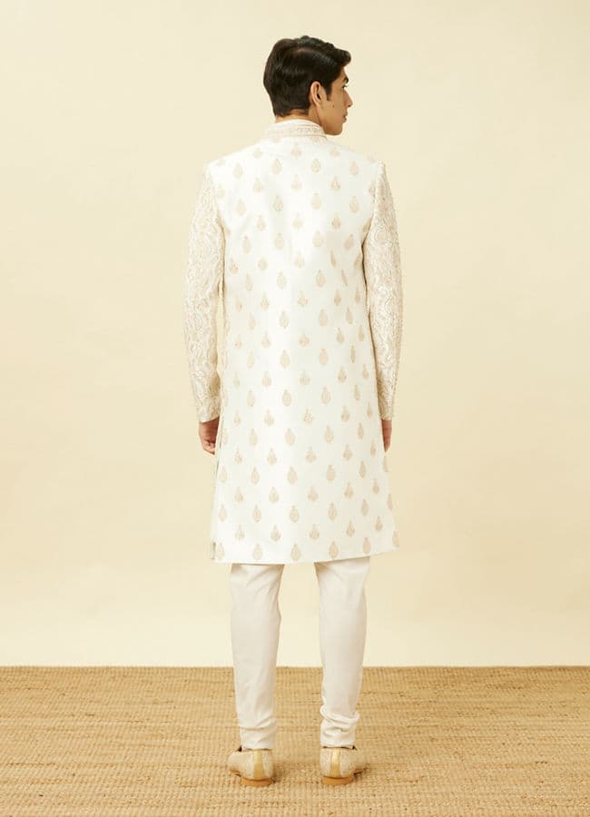 Off White Shankh Motif Open Sherwani Set