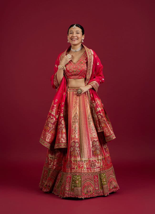 Carnation Pink Aari Embroidered Benarasi Lehenga