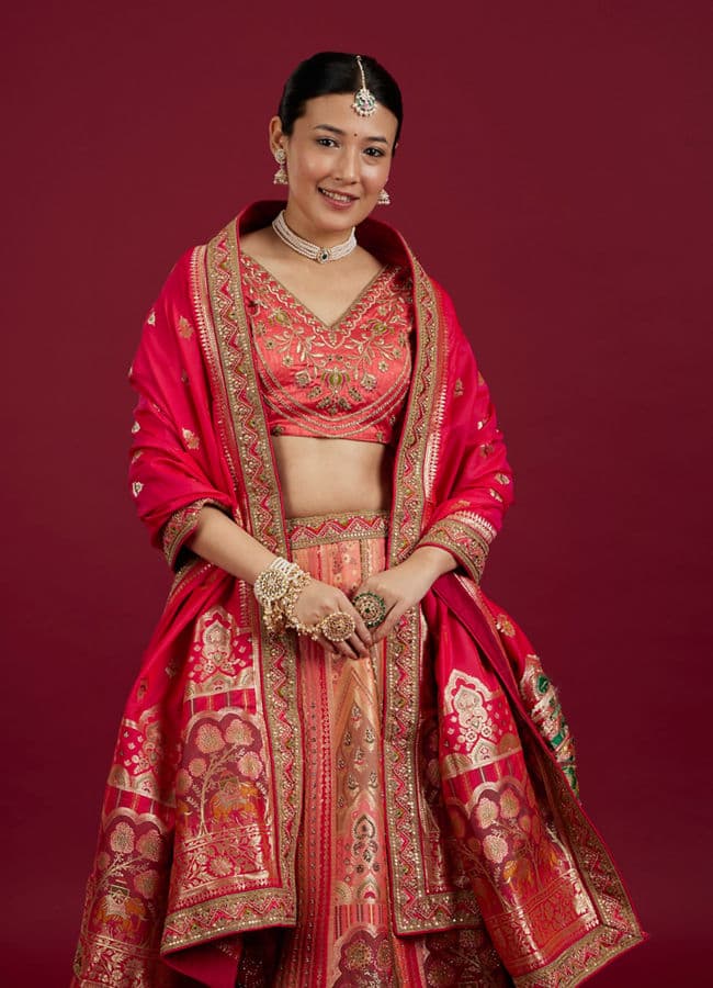 Carnation Pink Aari Embroidered Benarasi Lehenga