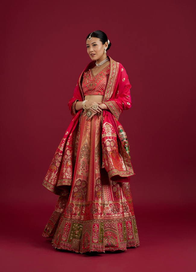 Carnation Pink Aari Embroidered Benarasi Lehenga