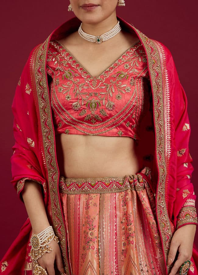 Carnation Pink Aari Embroidered Benarasi Lehenga