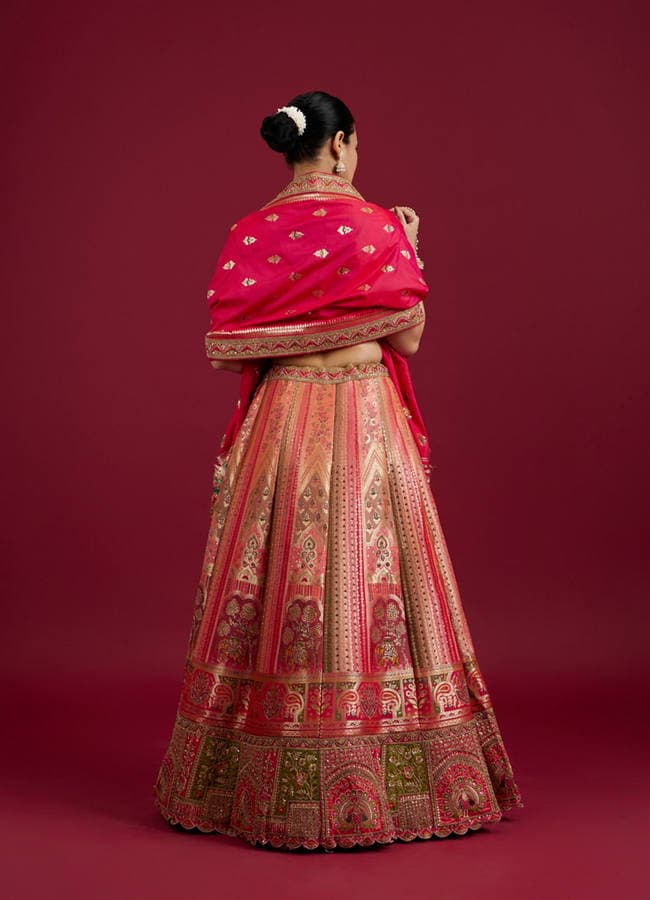 Carnation Pink Aari Embroidered Benarasi Lehenga