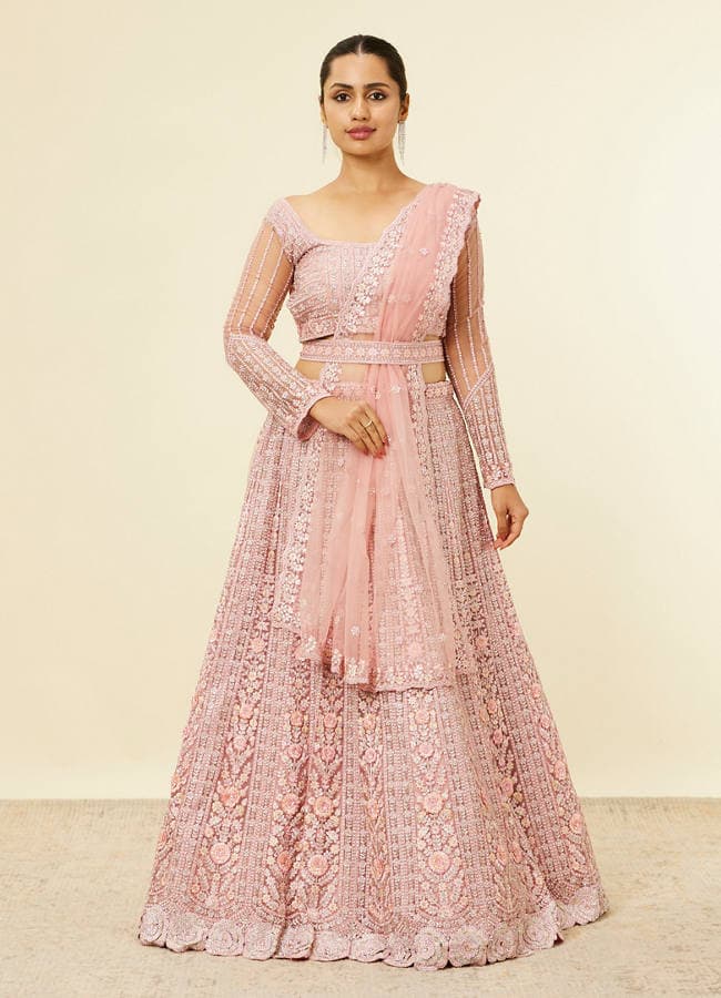 Shell Pink Floral Aari Embroidered Bridal Lehenga