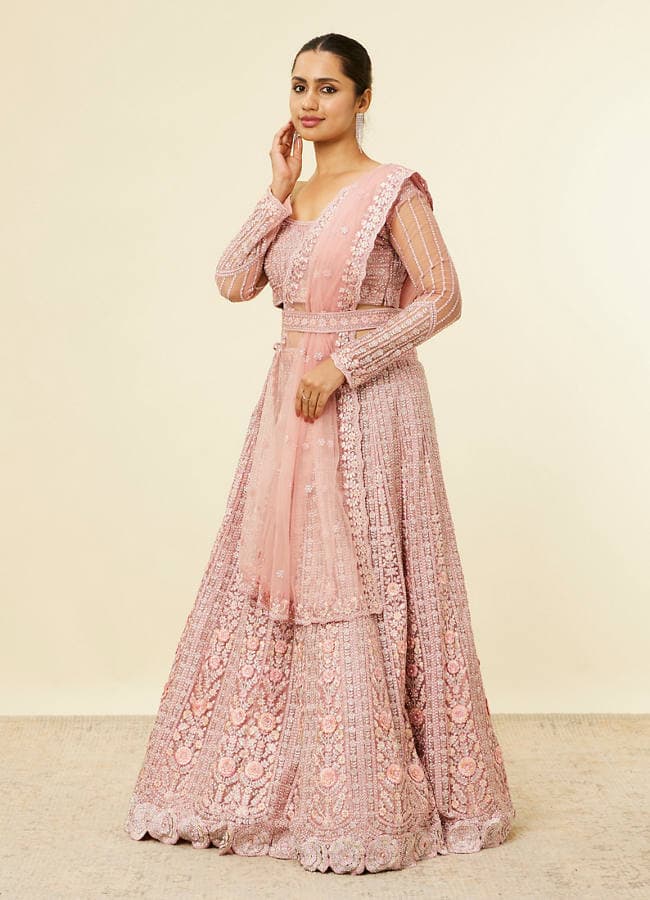 Shell Pink Floral Aari Embroidered Bridal Lehenga
