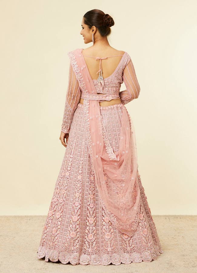 Shell Pink Floral Aari Embroidered Bridal Lehenga