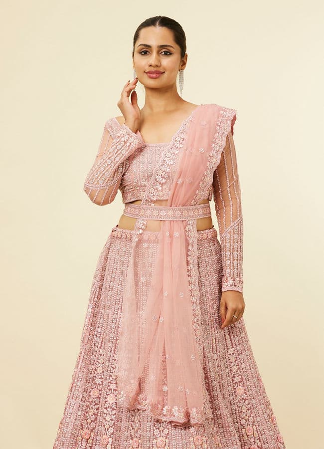 Shell Pink Floral Aari Embroidered Bridal Lehenga