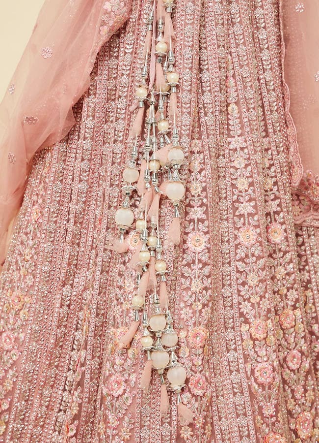 Shell Pink Floral Aari Embroidered Bridal Lehenga
