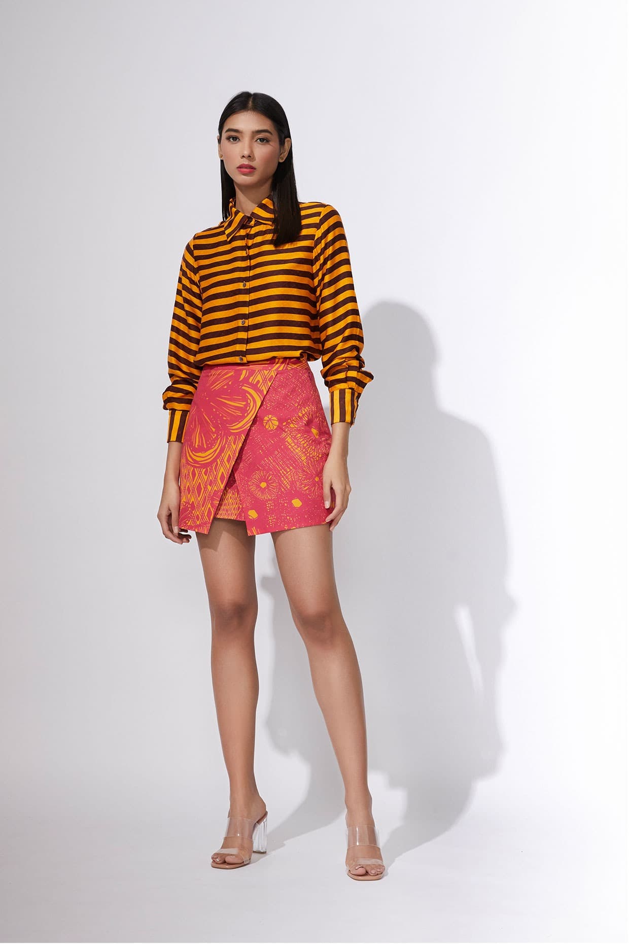 Stripe print collared shirt with wrap style skirt | Saaksha &amp; Kinni