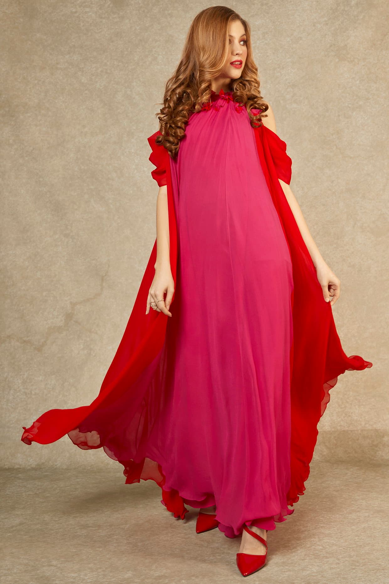 Magenta & Red Flame Panel Gown | Wendell Rodricks