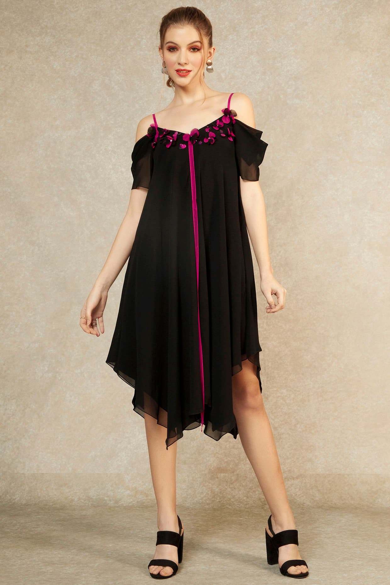 Black Hanky Hem Magenta Tape Dress | Wendell Rodricks