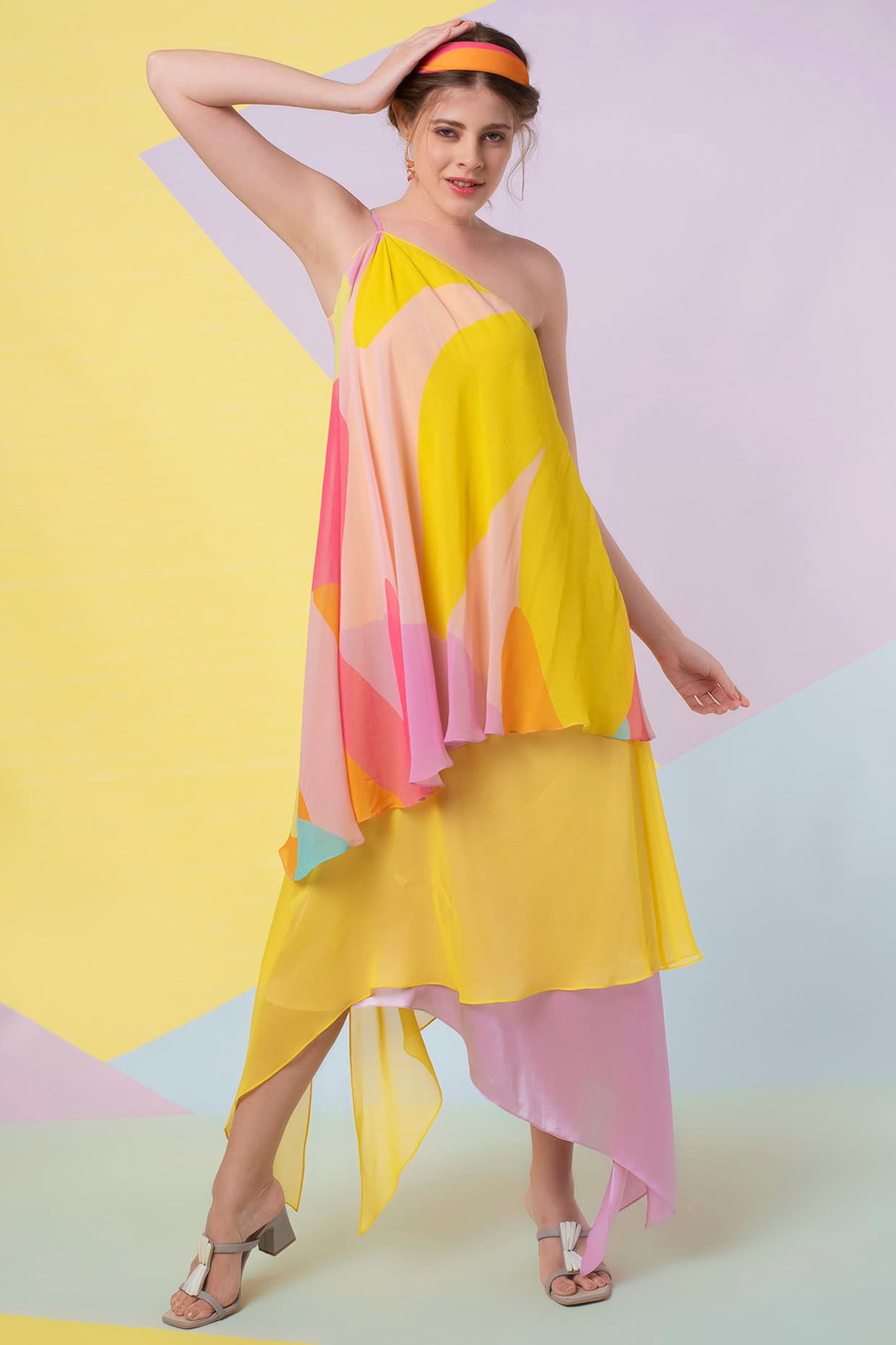 Lavender Abstract Leaf One-Shoulder Gown | Wendell Rodricks