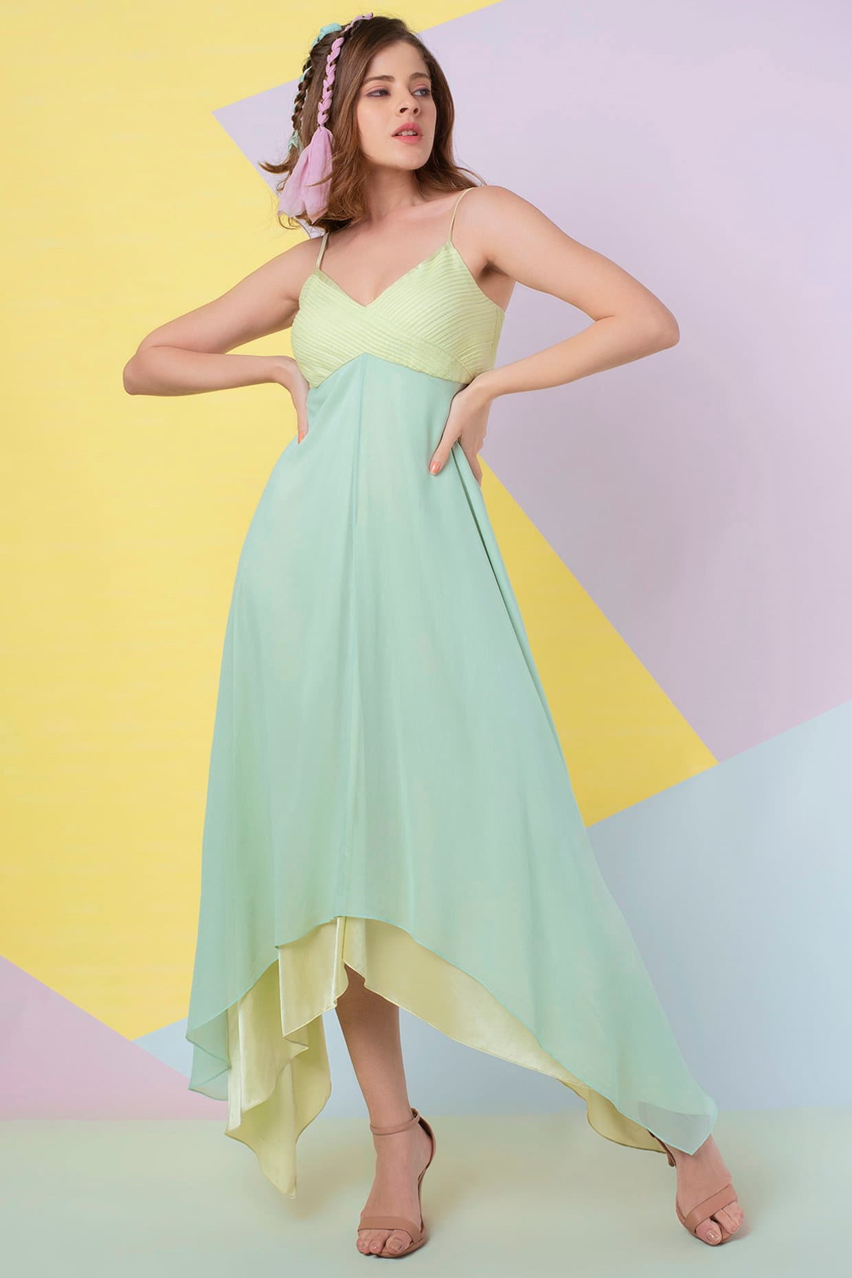 Seafoam Pintucks Asymmetric Gown | Wendell Rodricks