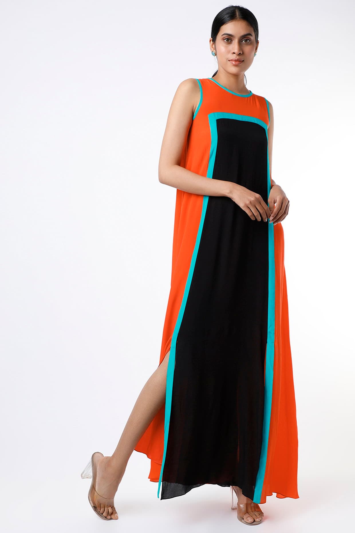 Orange & Black Color Blocked Maxi Dress | Wendell Rodricks