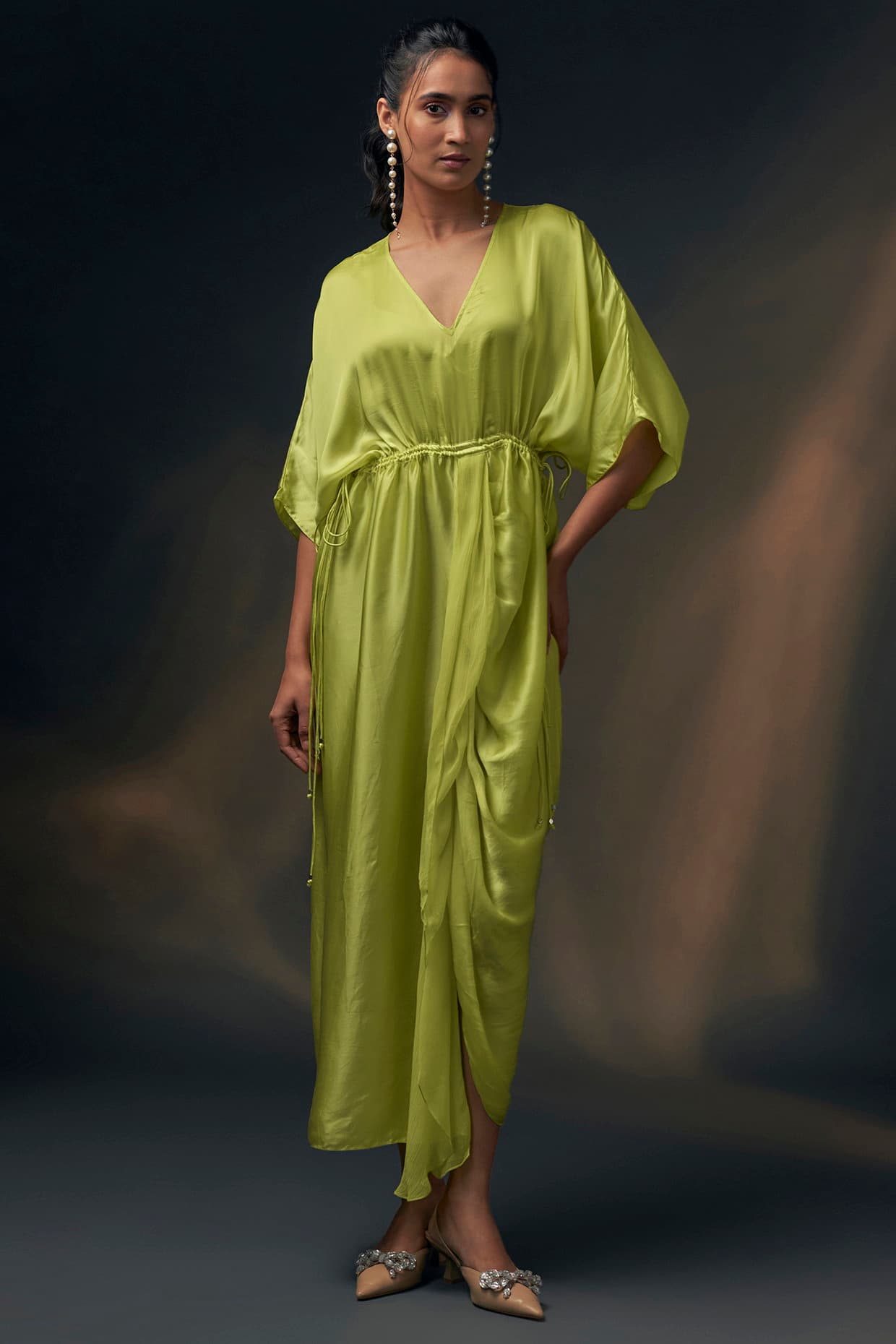 Lime Bamberg Satin Ruched Dress | Wendell Rodricks