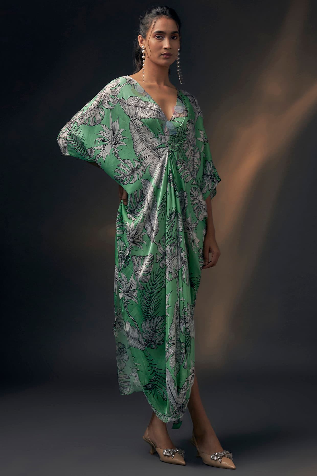 Mint Green Bamberg Satin Printed Dress | Wendell Rodricks