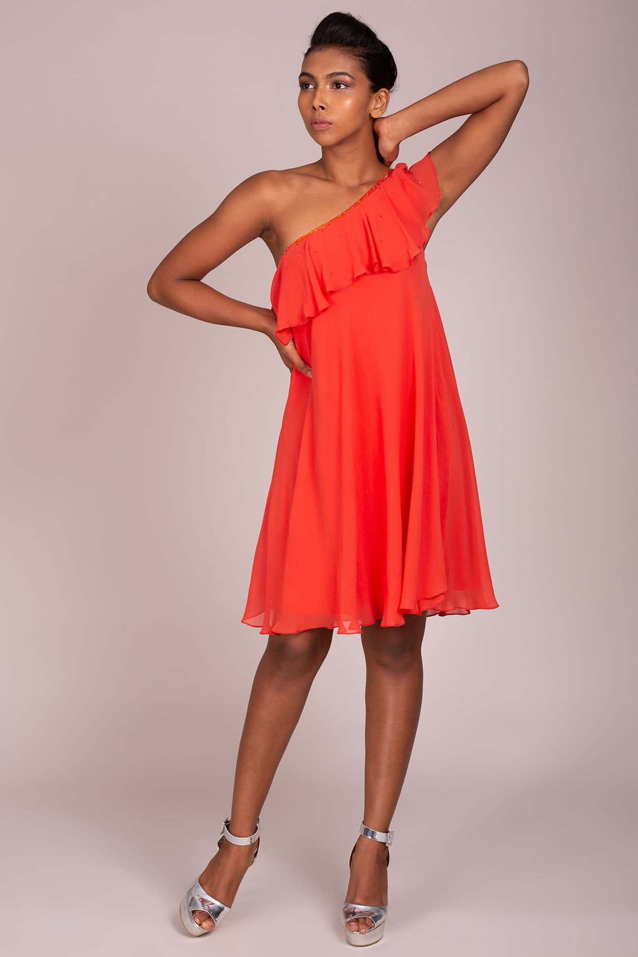 Orange Ruffled & Flared Dress | Wendell Rodricks