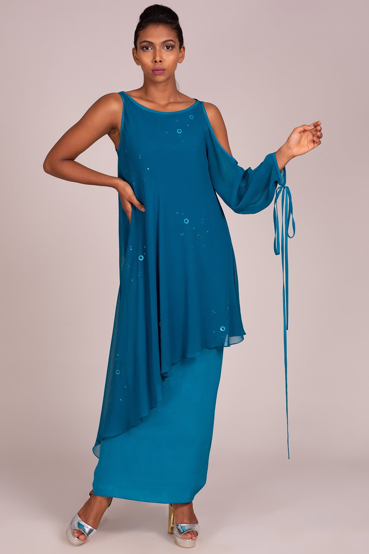 Teal Embroidered Layered Dress | Wendell Rodricks