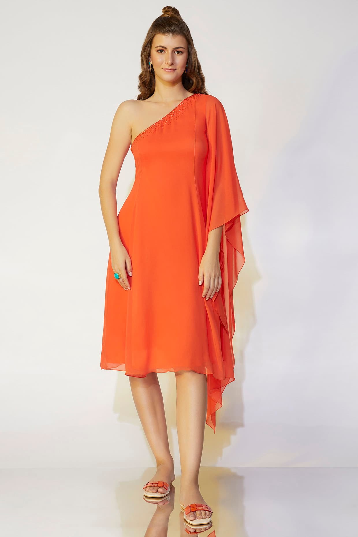 Coral Orange One-Shoulder Flared Dress | Wendell Rodricks