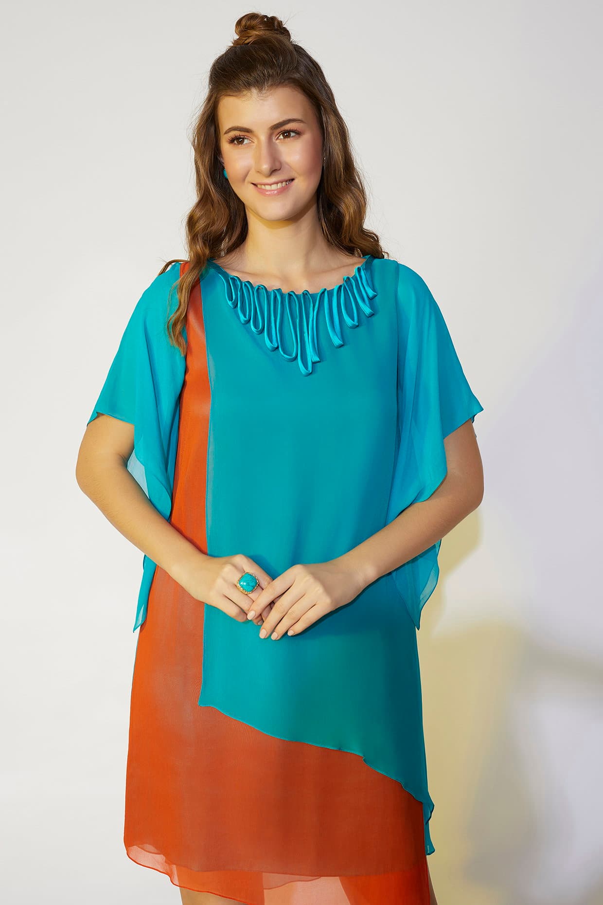 Turquoise & Orange Asymmetrical Dress | Wendell Rodricks