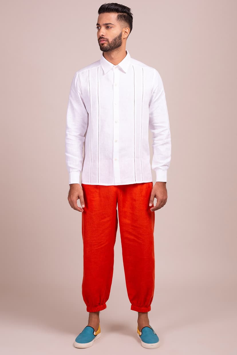 Open Collar Full Sleeve Button Front Shirt With Ladder Stitch Detail
