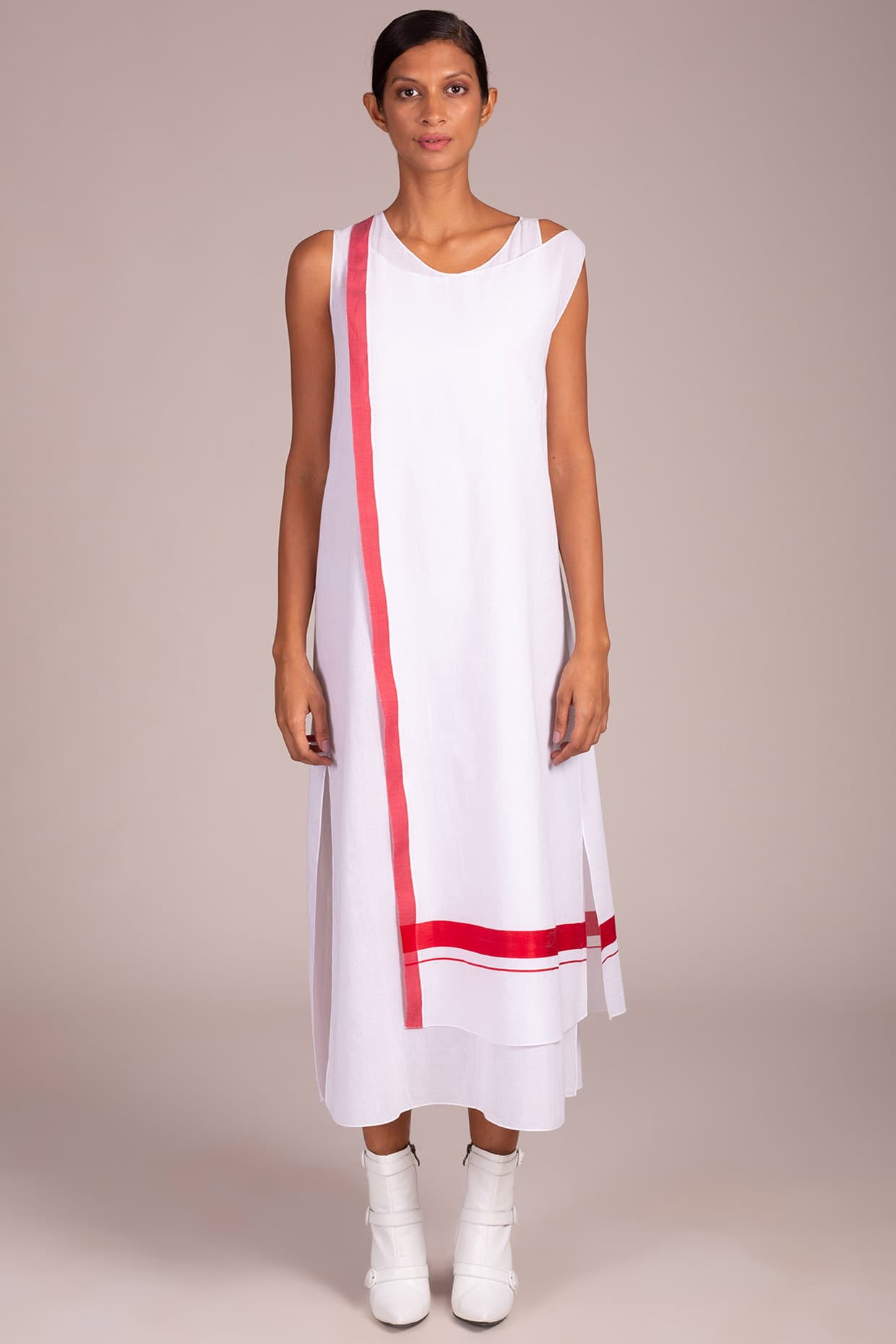 Round Neck Drop Shoulder Sleeveless Double Layered Dress With Red Stripe Detail | Wendell Rodricks