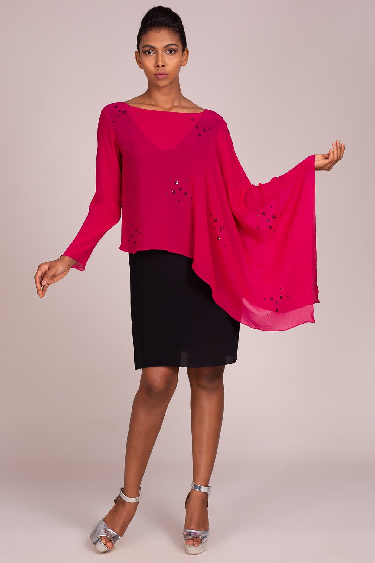 Sheer Layered Neckline Single Square Drape Sleeve Embroidered Dress | Wendell Rodricks
