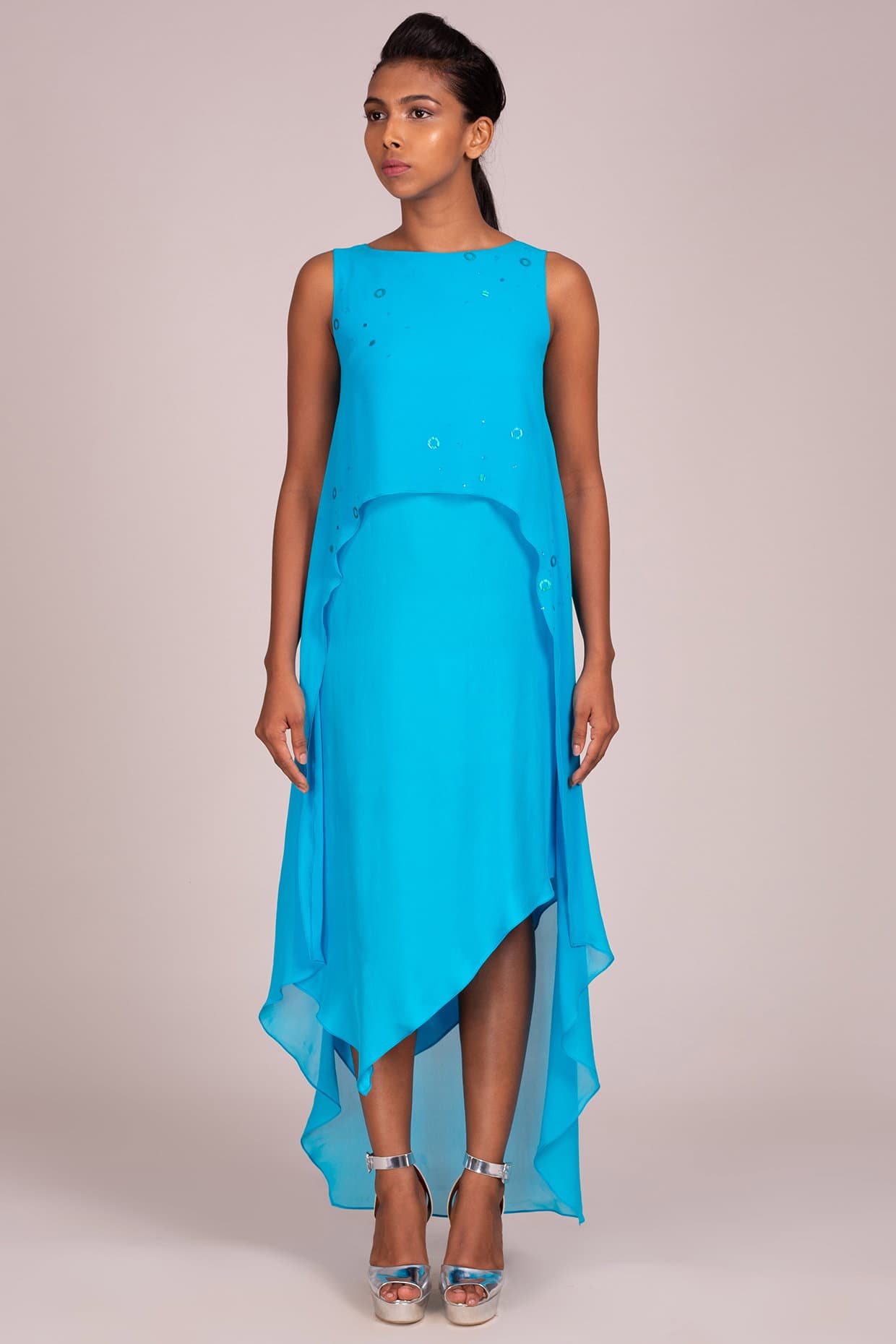Boat Neck Sleeve Less Short To Long Assymetric Hem Layered Embroidered Dress | Wendell Rodricks