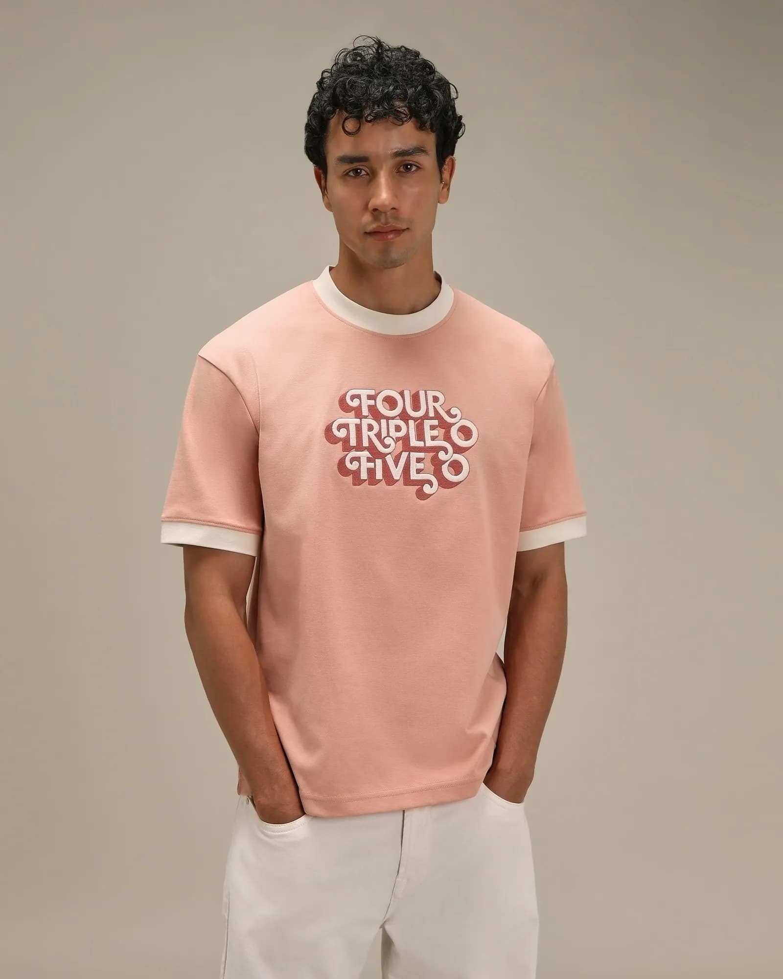 Peach Typographic Embroidery T-shirt | Mufti Jeans
