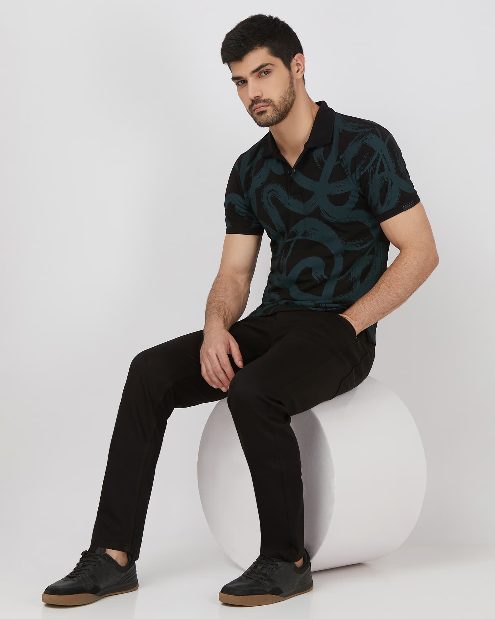 Black Printed Polo Slim Fit Pique Polo