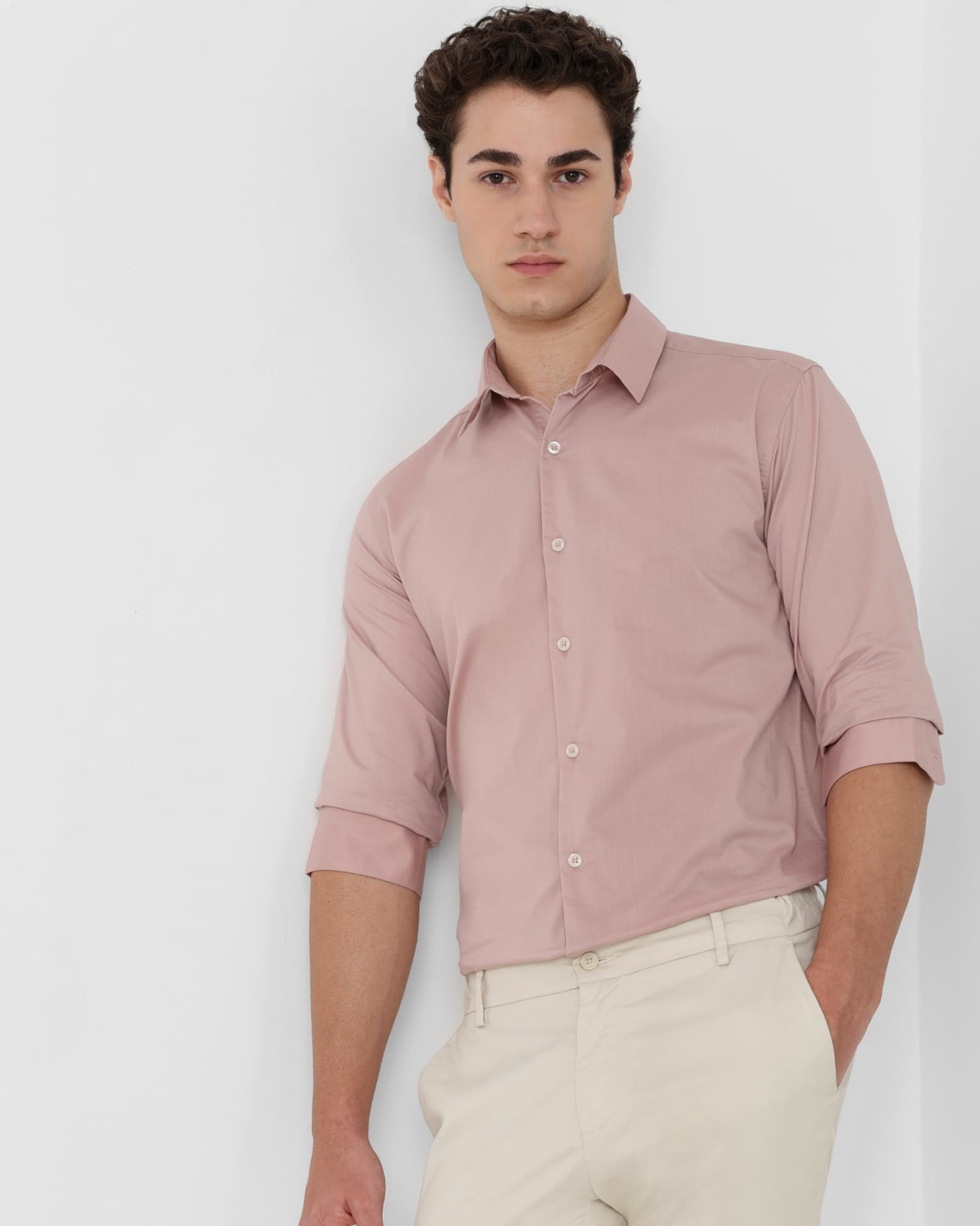 Pastel Pink Stretch Plain Slim Fit Casual Shirt | Mufti Jeans