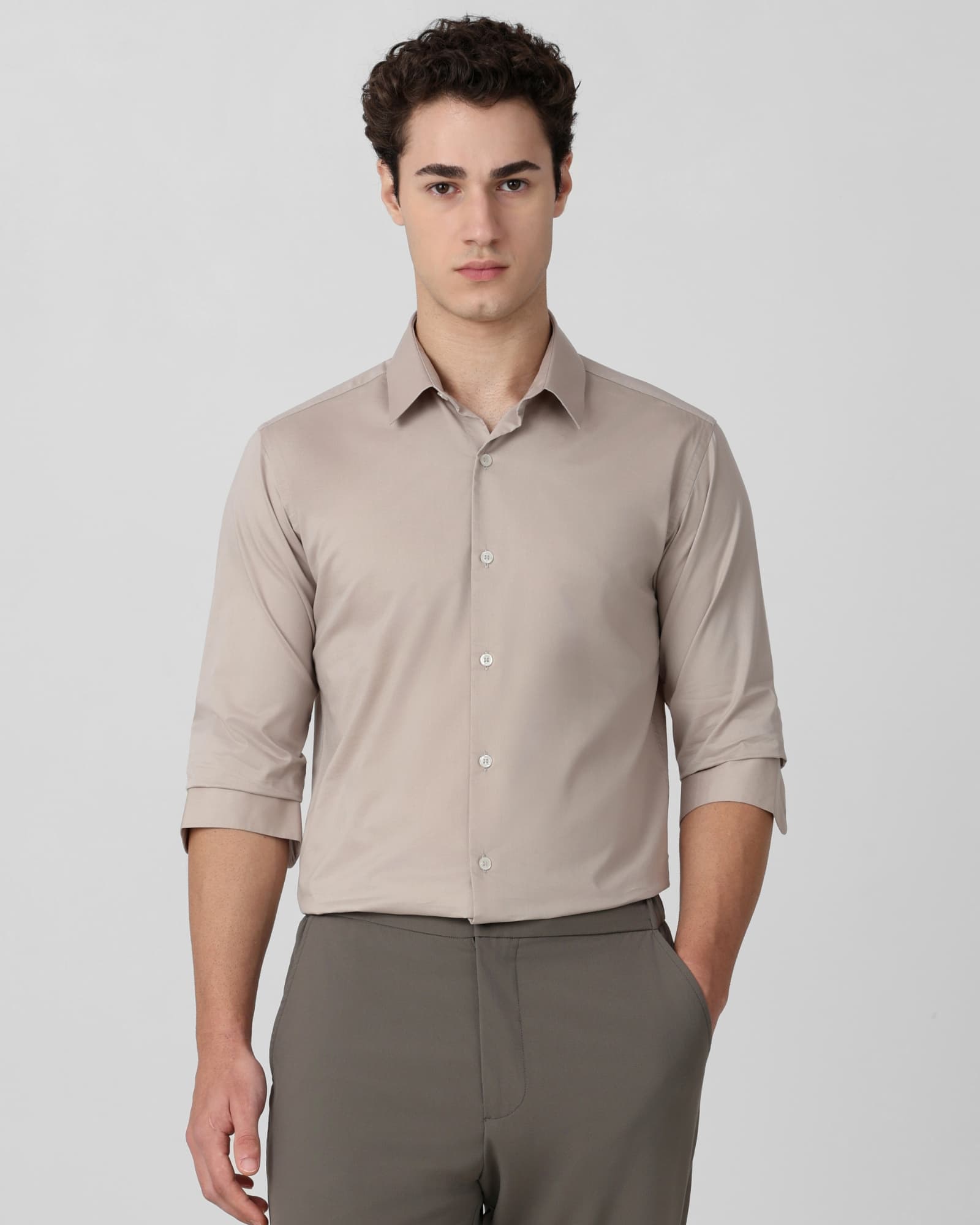 Light Grey Stretch Plain Slim Fit Casual Shirt | Mufti Jeans