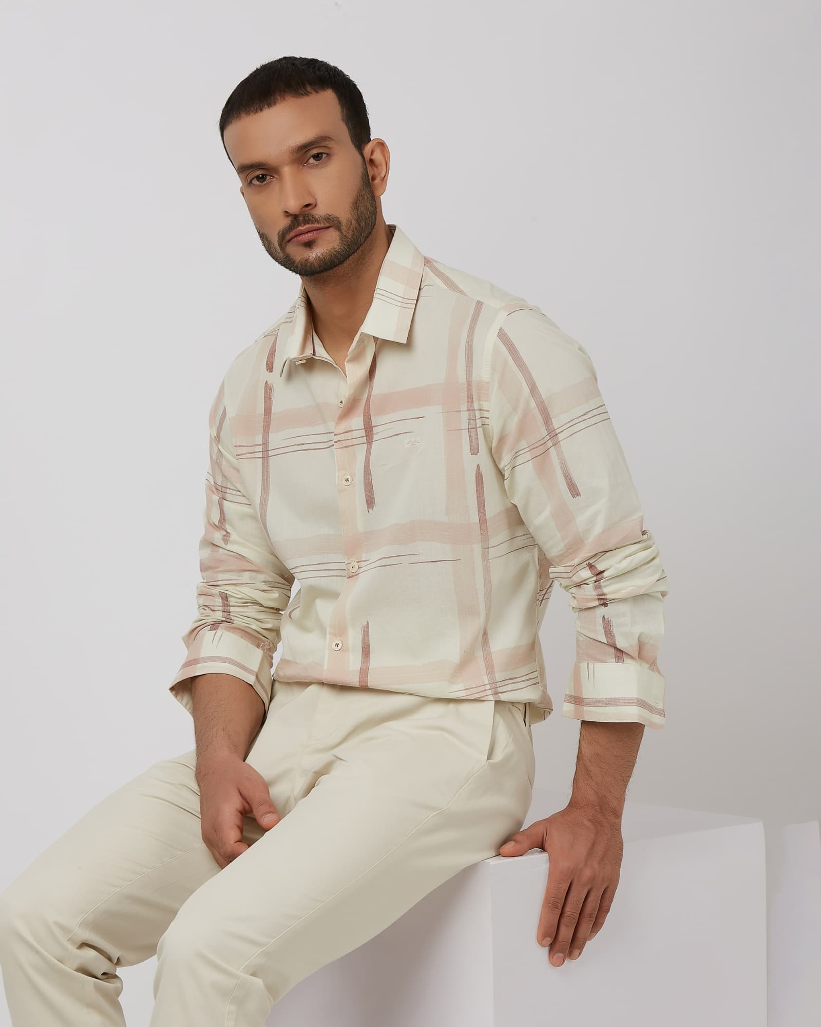 Off White Printed Check Slim Fit Casual Shirt