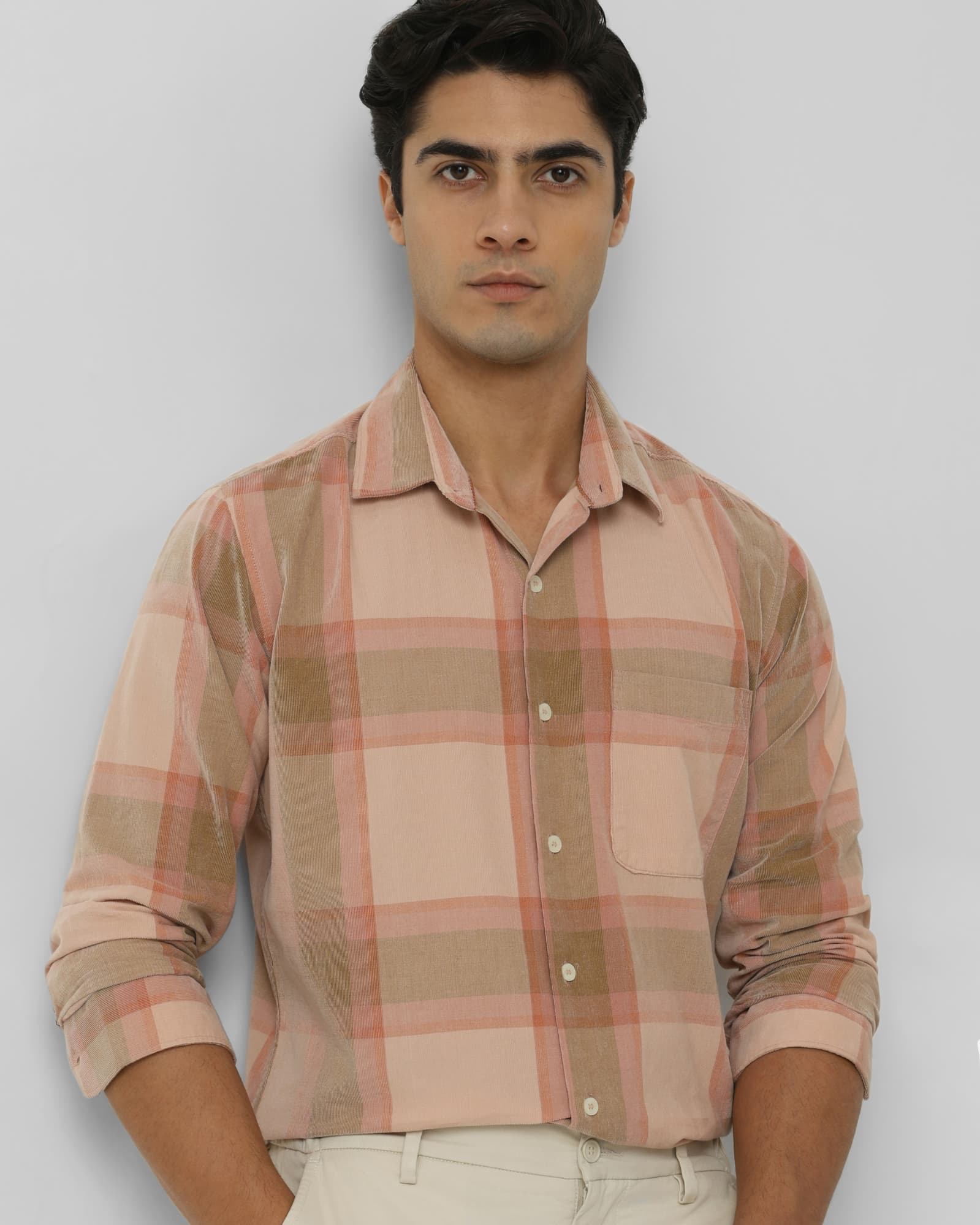 Peach Corduroy Check Slim Fit Casual Shirt