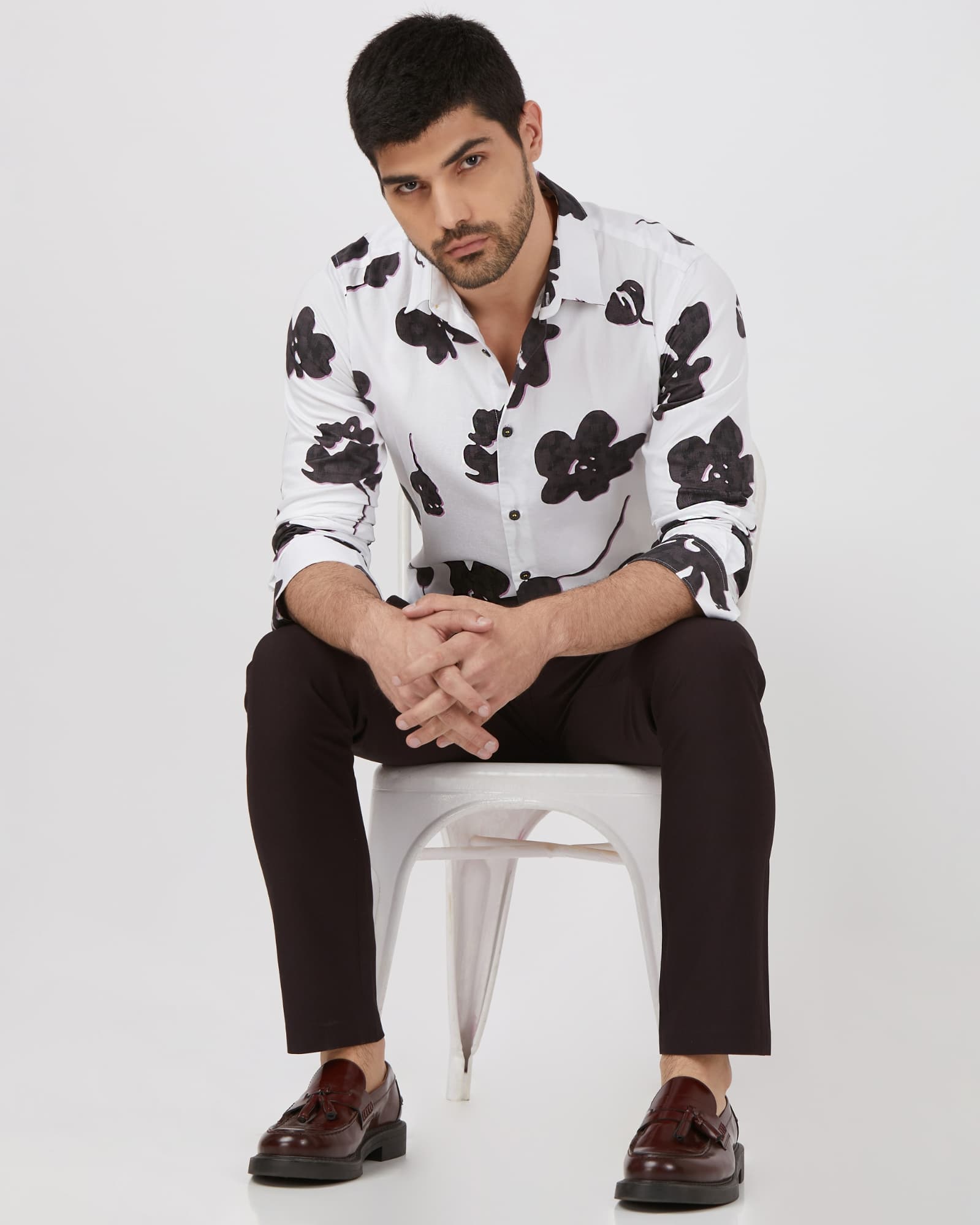 White Floral Print Slim Fit Casual Shirt | Mufti Jeans