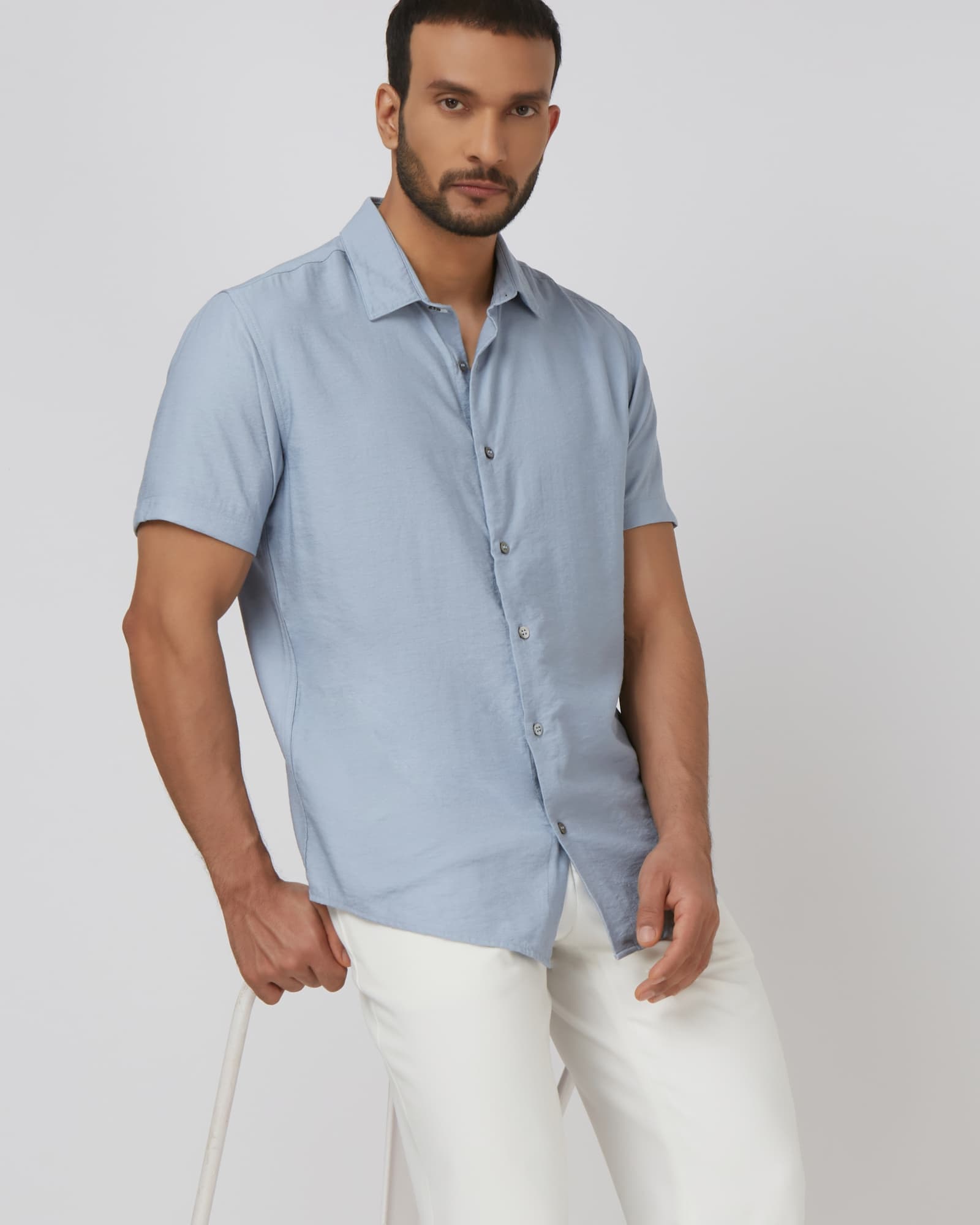 Light Blue Textured Plain Slim Fit Casual Shirt