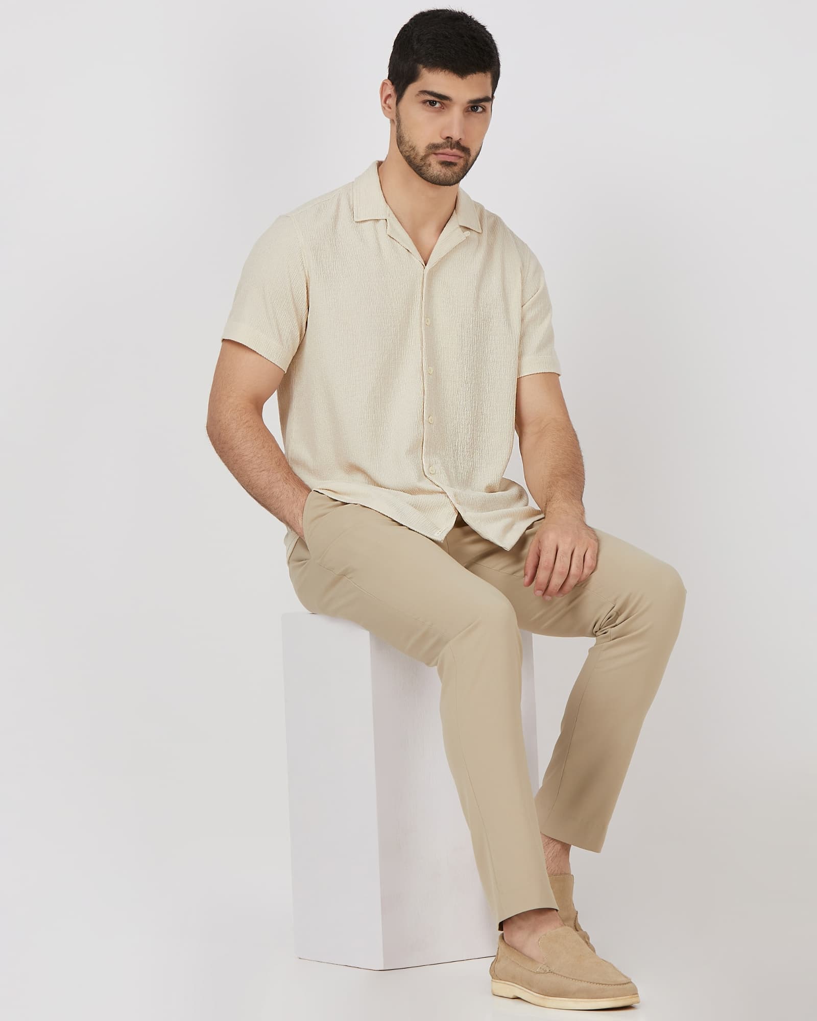 Beige Textured Plain Relaxed Fit Casual Shirt | Mufti Jeans