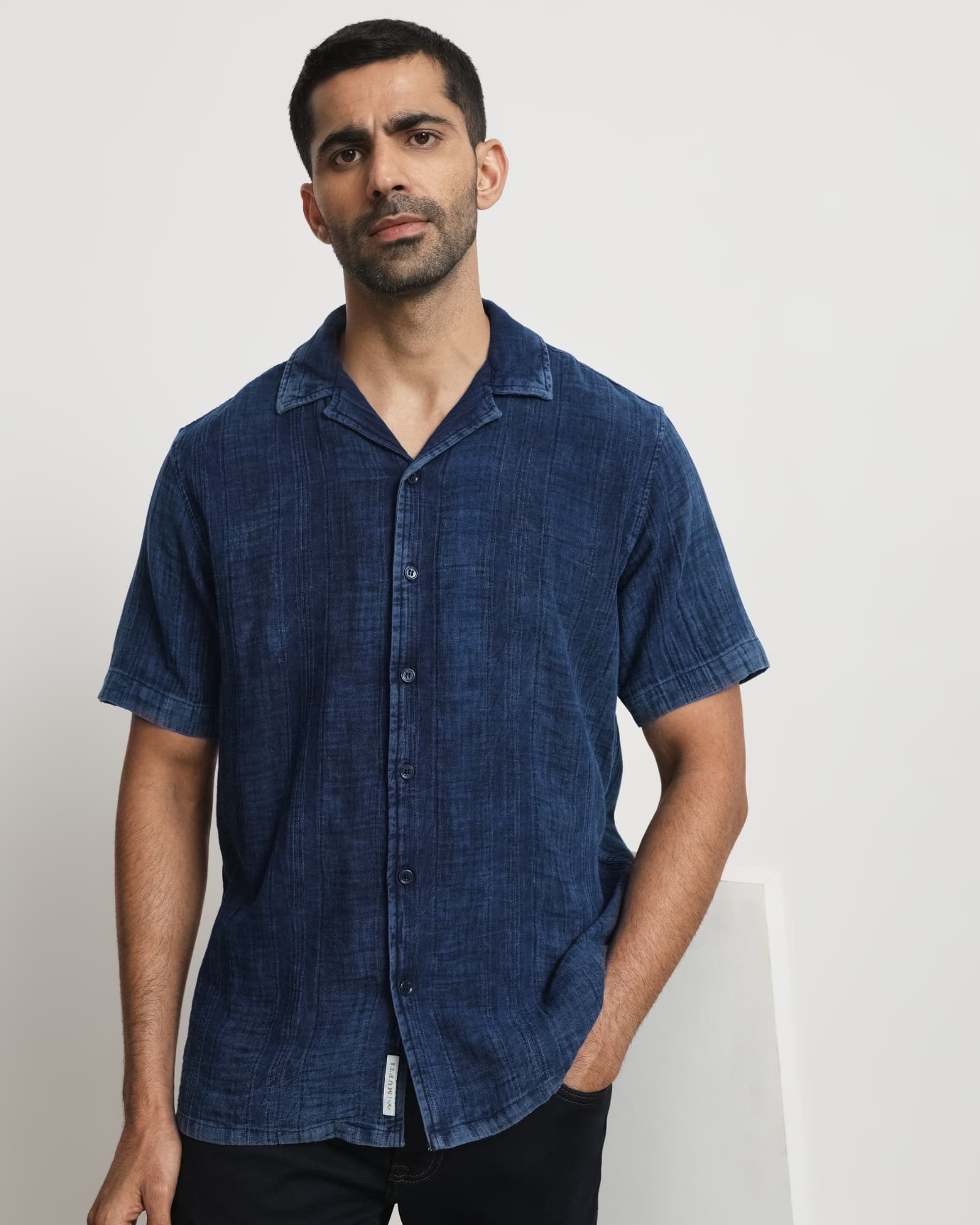 Dark Indigo Blue Denim Plain Relaxed Fit Casual Shirt | Mufti Jeans