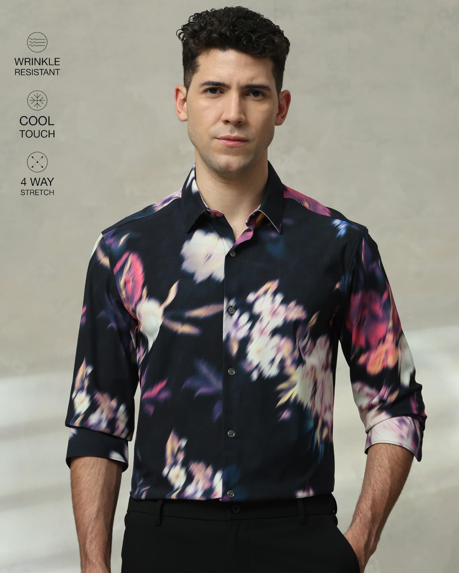 Black Scuba Print Stretch Slim Fit Casual Shirt | Mufti Jeans