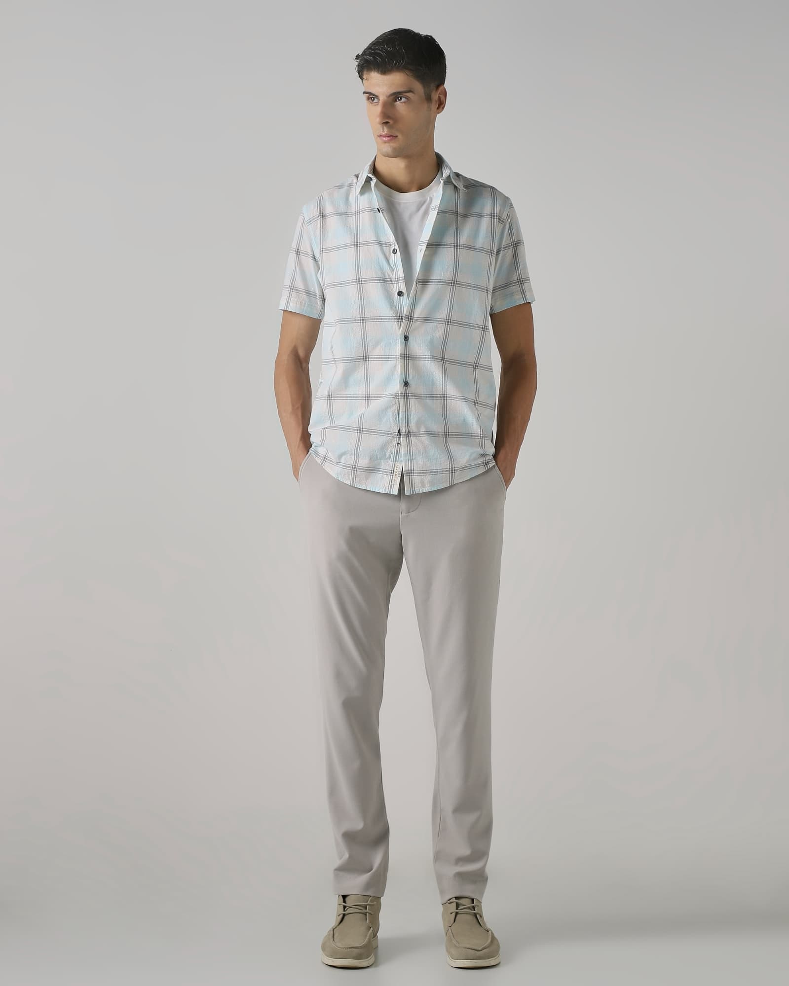 Light Blue Seersucker Check Slim Fit Casual Shirt