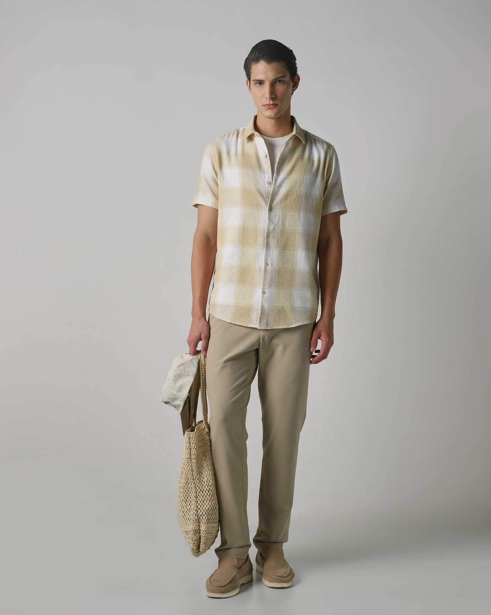 Beige Large Check Slim Fit Casual Shirt