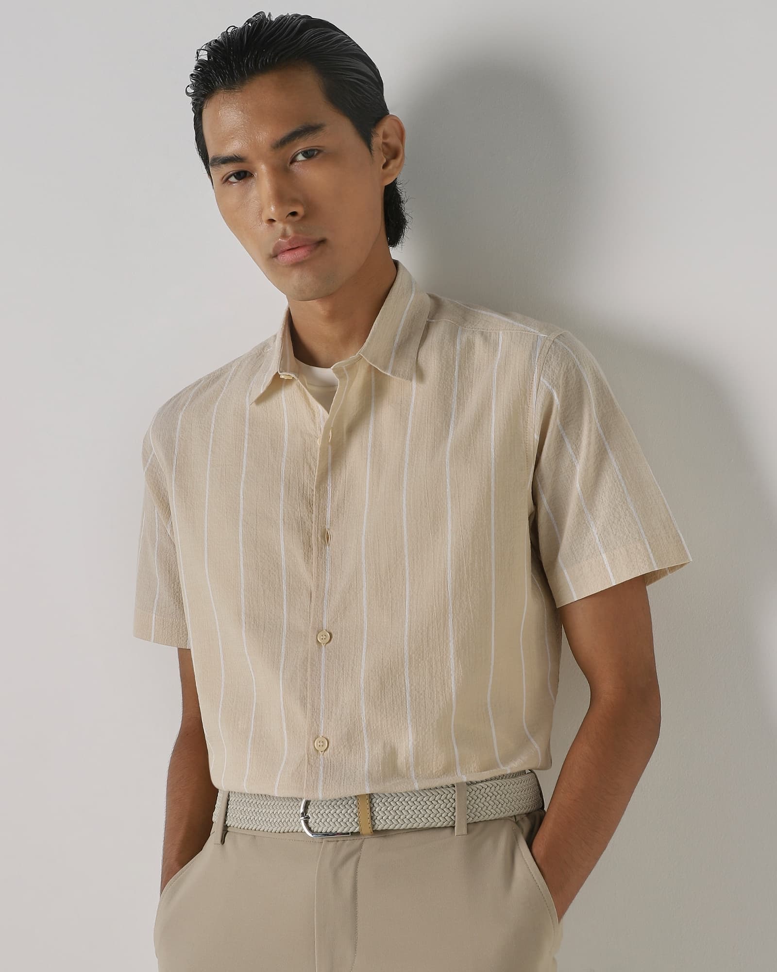 Beige Textured Stripe Slim Fit Casual Shirt