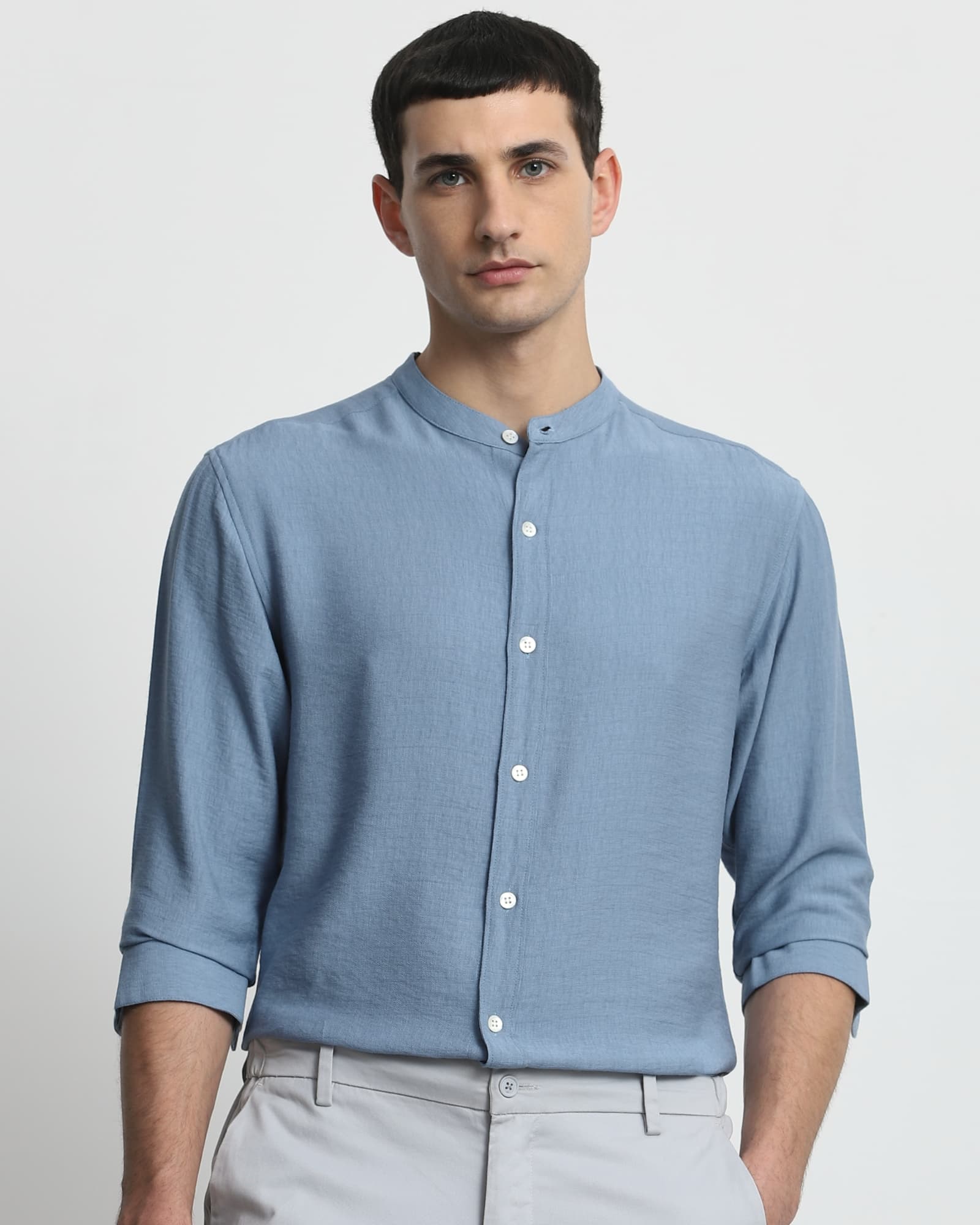Blue Textured Plain Slim Fit Casual Shirt | Mufti Jeans