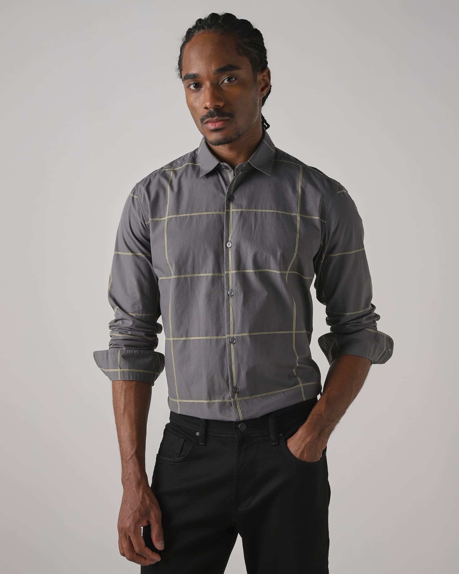 Grey Windowpane Check Slim Fit Casual Shirt | Mufti Jeans