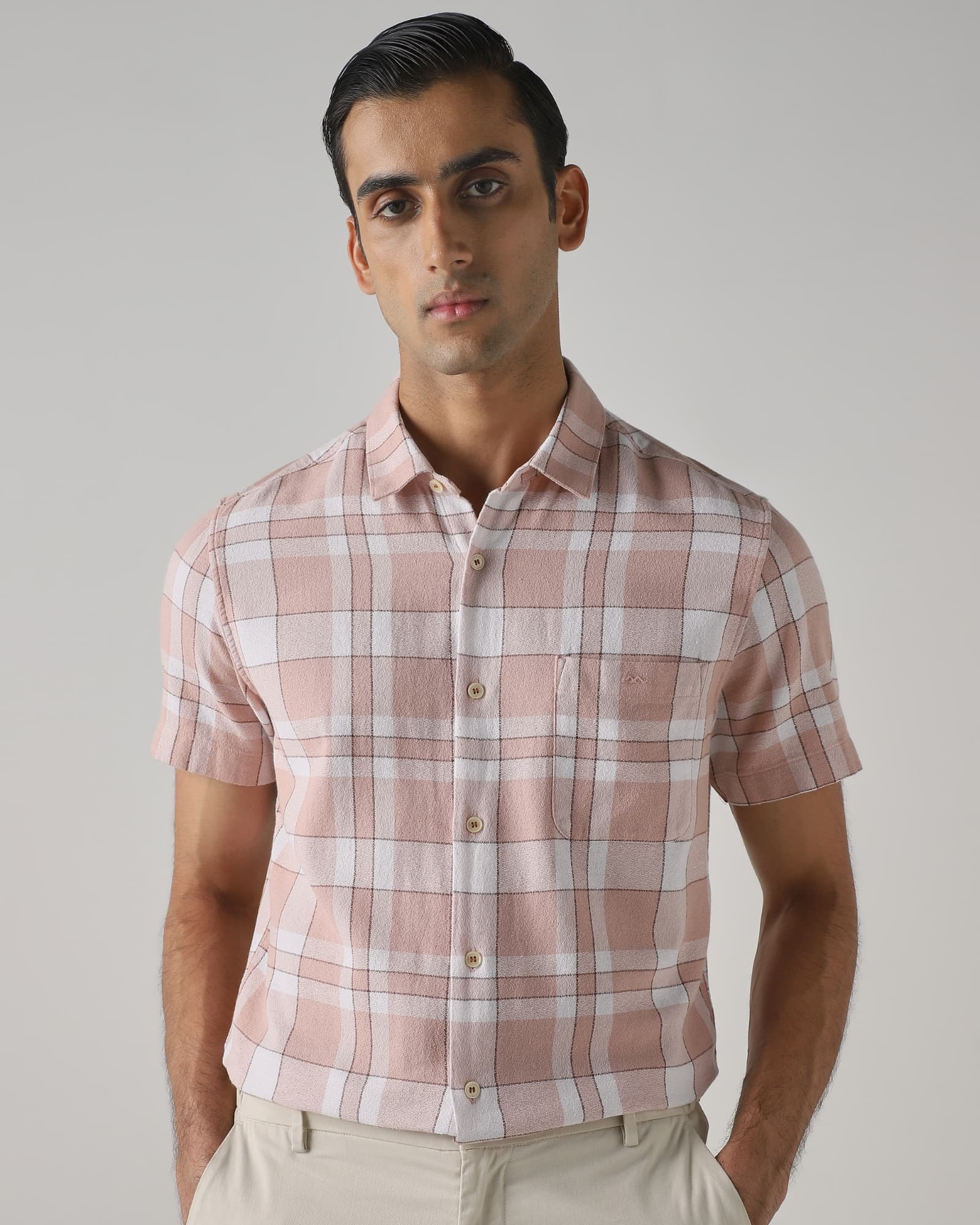 Peach Textured Check Slim Fit Casual Shirt